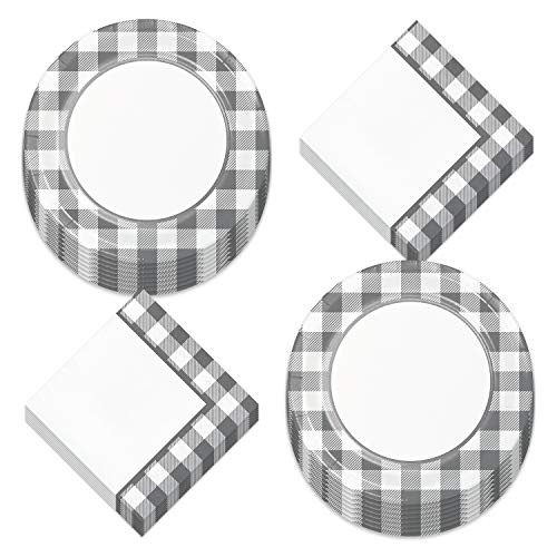 Gray Buffalo Plaid Party Supplies - Gray and White Checkered Gingham Paper Dinner Plates and Luncheon Napkins Serves 16 Gray Buffalo Plaid Party Supplies - Gray and White Checkered Gingham Paper Dinner Plates and Luncheon Napkins Serves 16