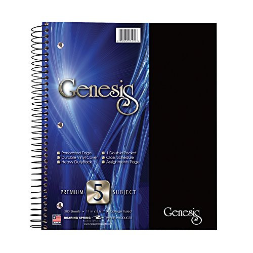 Roaring Spring Genesis Notebook, Five Subject, 11" x 9", 200 sheets, College Ruled, 15# White Tablet Paper, Assorted Poly Covers
