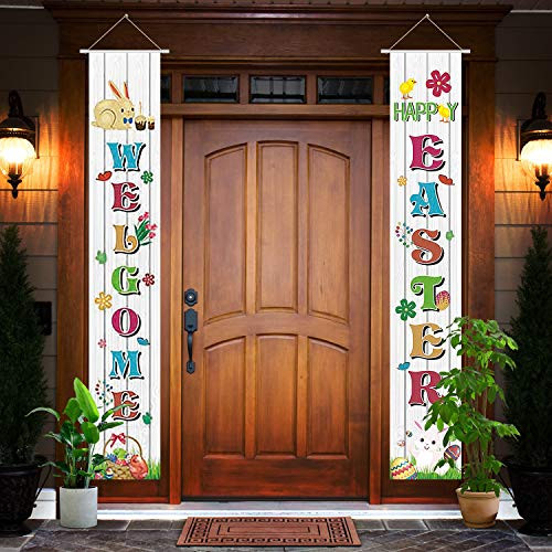 Easter Porch Signs Welcome  and  Happy Easter Banner Bunny Eggs Hanging Decorations for IndoorOutdoor Easter Hanger for Spring Easter Ornament Decor for Front Door Wall Yard Home Party Supplies