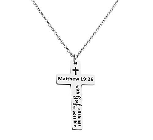Kaisinse Inspirational Bible Quotes Verse Cross Pendant Necklace Religious Christian Necklace Christian Jewelry Faith Necklace Matthew 1926