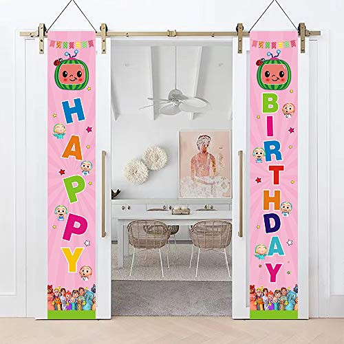 Cocomelon Birthday Banner - Happy Birthday Outdoor Hanging Porch Signs Decor - Coco-Melon Themed Sign for Front Door Garden Indoor Exterior Party