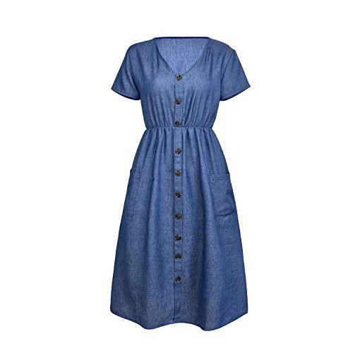 ZOOYAA Women Short Sleeve V Neck Button Down Swing Midi Denim Dress Pockets