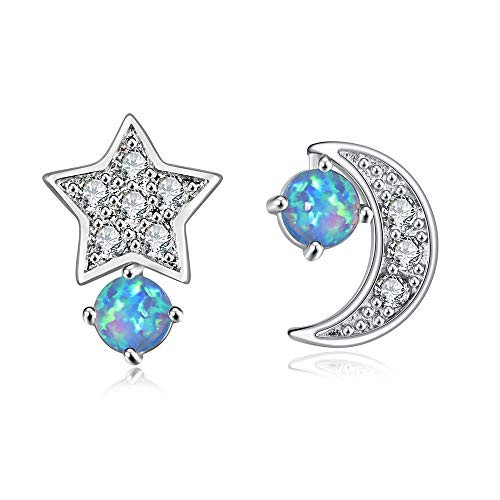 CiNily Moon and Star Earrings for Women Grils Blue Opal Stud earrings 18K White Gold Plated Tiny Small Hypoallergenic Earrings