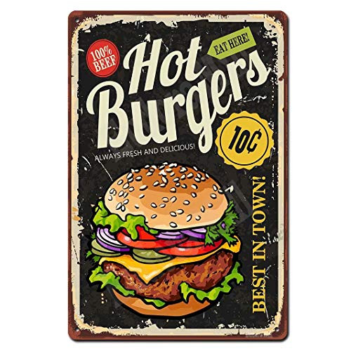 Eudora Mill Hot Burgers Sign Best in Town Burgers - 8x12 Retro Vintage Metal Tin Sign Bar Pub Diner Fast Food Cafe Home Wall Art Decor Sign Eudora Mill Hot Burgers Sign Best in Town Burgers - 8x12 Retro Vintage Metal Tin Sign Bar Pub Diner Fast Food Cafe Home Wall Art Decor Sign