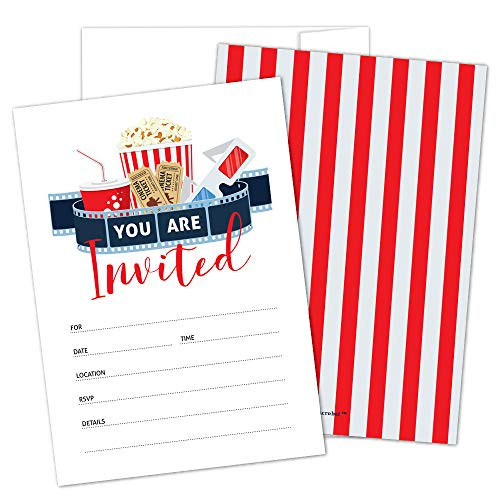 Movie Party Invitations with Envelopes by Hat Acrobat  Perfect for Movie Theme Party Hollywood Party Red Carpet Party Movie Night for Girls Boys Pack of 25