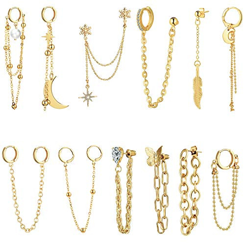 12 Pieces Chain Hoop Earrings Chain Cuff Earrings Chain Huggie Wrap Dangle Drop Earrings for Women Girls Gold