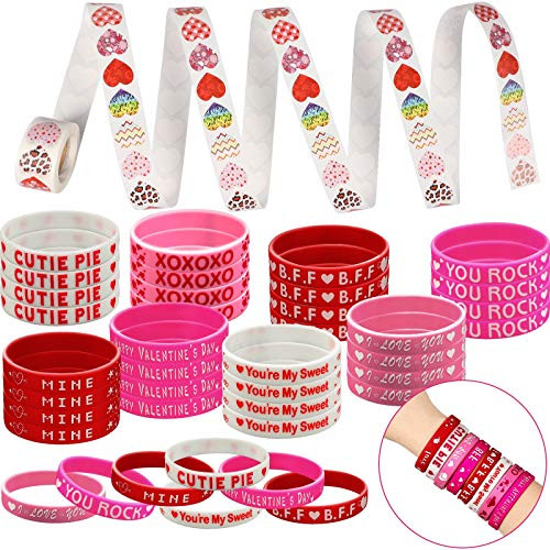 Hicarer 40 Pieces Valentines Rubber Bracelets Valentines Day Heart Rubber Wristband Bracelets and 500 Pieces Funky Heart Stickers Valentines Day Stickers Party Favors Supplies