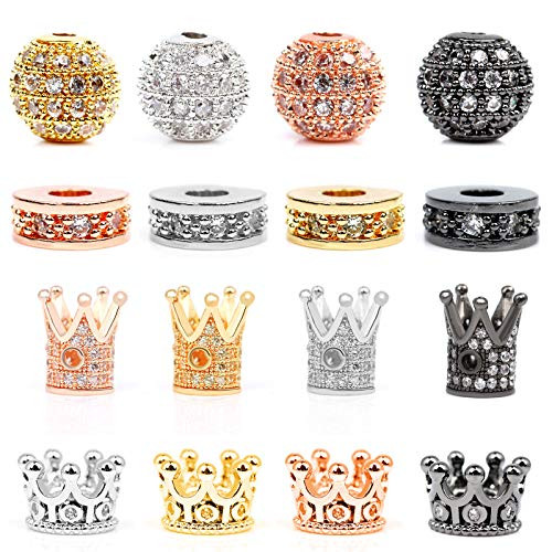 JiaUfmi 16 Pieces King Crown Charm Spacer Beads King Crown Beads Mixed Color Loose Spacer Bead Connector Spacer Beads Crown Charms for DIY Jewelry Making 4 Colors 4 Styles