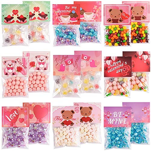 100pcs Valentines Day Treat Bags Plastic Cellophane Candy Bags Valentines Day Goodies Favor Bags with 100pcs Cute Bag Toppers Baking Wrapping Bags for Valentines Day Wedding Anniversary Party Supplies