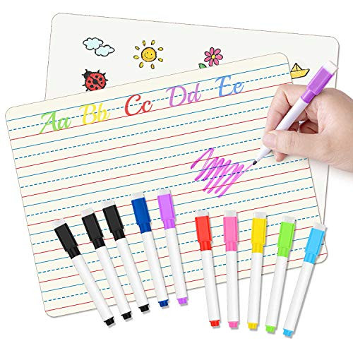 Dry Erase Ruled Lap Boards with 10 Color Mixed Erasable Markers 9 x 12 Inch White Board Small With Lines Double Sided LinedPlain Writeboard Mini Lapboards for Kids Students