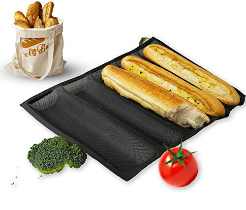 Silicone Baguette Pan Molds5 Cavity Non-Stick Perforated French Bread Pan FormsReusable Bakery Trays with 1 Reusable Beige Cotton Canvas Tote Baguette Bread Bag_