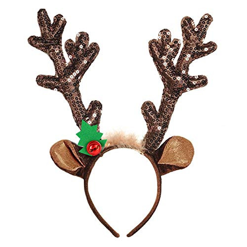 Christmas Reindeer Antler Headband Sequins Xmas Deer Antler Ears Headpiece Women Elk Fawn Horn Hair Hoop Hair Band Hairband Holiday Party Decoration Cosplay Costume Handmade Hair Accessories Brown