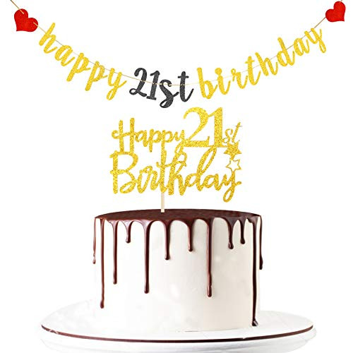 Maicaiffe Gold Glitter Happy 21st Birthday Banner with Happy 21st Birthday Cake Topper - 21st Birthday Party Decorations Supplies - 21st Birthday Party Favor Maicaiffe Gold Glitter Happy 21st Birthday Banner with Happy 21st Birthday Cake Topper - 21st Birthday Party Decorations Supplies - 21st Birthday Party Favor