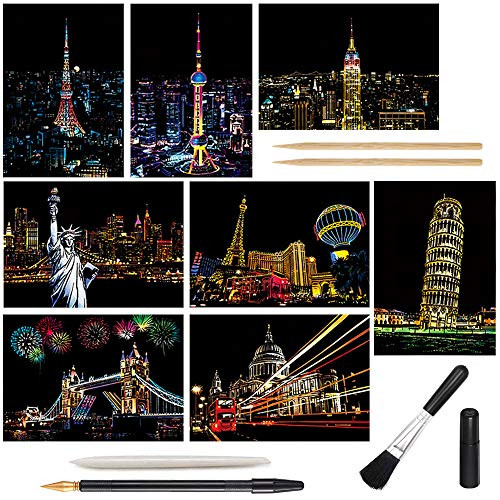 Scratch Art Paper Rainbow Night View Scratchboard for Adults  and  Kids Mini Envelope Postcard Art  and  Crafts Set 8 Sheets Scratch Cards  and  Scratch Drawing Pen Brush 7_9x5_5 Modern  and  Classic Building
