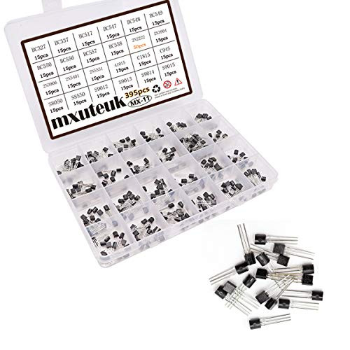 mxuteuk 24 Values 395Pcs NPN PNP Power General Purpose Transistors Kit BC327-BC5582N2222 2N3904 2N3906 2N5401 2N5551 A1015 C1815 C945 S8050 S8550 S9012 S9013 S9014 S9015 Assortment MX-11