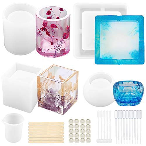 60pcs Resin Mold Kit Epoxy Resin Silicone Mold for DIY Cup Coaster Ashtray Flower Pot Pen Candle Soap Jewelry Holder Including Round Square Cylinder Cuboid