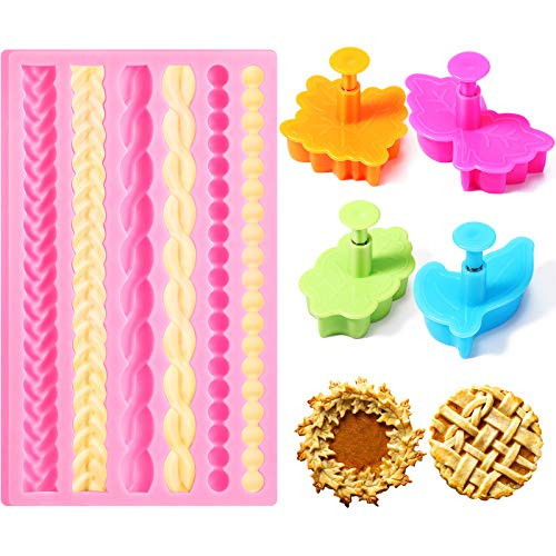 Silicone Pie Crust Mold and 4 Pieces Leaves Baking Pie Crust Cutter Pearl Fondant Mold Rope Bead Mold and Leaves Cookie Cutter Pastry Cookie Fondant Stamper for Cake Chocolate Candy Baking Kitchen