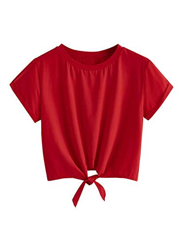 Romwe Womens Tie Knot Front Cuffed Sleeve Crop Top Tee T-Shirt Red-Pure Small