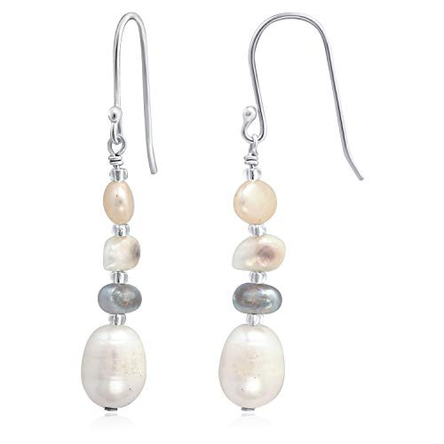 Sterling Silver Freshwater Cultured Pearl Drop Dangle Earrings for Women 10x8mm Multi Color Pearl - Silver