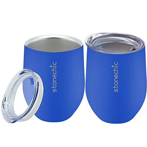 Stainless Steel Stemless Wine Glass Tumbler 12oz Vacuum Insulated Double Wall Travel Coffee Mug Spill Proof for CocktailChampaignBeer Blue 12oz - 2 Pack