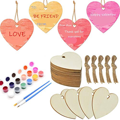 50 Pieces 3 Natural Heart Wood Slices DIY Wooden Ornaments Unfinished Predrilled Wooden Heart Embellishments with Natural Twine for Valentines Day Wedding Thanksgiving Christmas