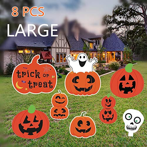 yoluda Halloween Yard Signs Decorations Outdoor Halloween Props Yard Stakes 8 Pack Trick-or-Treat Large Friendly Pumpkin Ghost Monster Corrugate Yard Signs with Stake Family Yard Lawn Party Decor