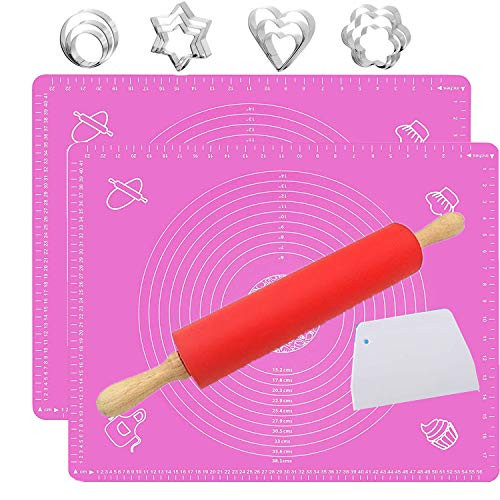 Silicone Pastry mat with Measureme Large Measurements Rolling Pin Set Nonslip Nonstick Silicone Baking Mat Dough Mat with Dough Scrapers for Cookies Bread Fondant Pie Crust Making