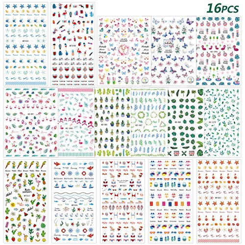 Cieovo 16 Sheets Mixed Nail Art Stickers 3D Self-Adhesive Summer Holiday Nail Stickers 3D Self-Adhesive Flamingo Cactus Fruits Leaves Nail Decals with Tweezers for Girls Manicure DIY or Nail Salon