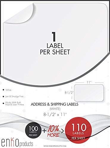 enKo - 8-12 x 11 Inch Label - White Blank - 1 Per Sheet Full Shipping Address Labels for Laser Inkjet Printer 110 Sheets 110 Labels