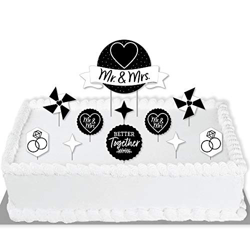 Big Dot of Happiness Mr_ and Mrs_ - Black and White Wedding or Bridal Shower Cake Decorating Kit - Mr_ and Mrs_ Cake Topper Set - 11 Pieces