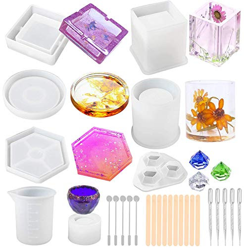 Epoxy Resin Molds 28pcs Silicone Coaster Ashtray Molds for Resin Casting DIY Art Crystal Diamond Plant Pot Pen Candle Soap Holder Molds Including Measuring Cup Droppers and Stirrers