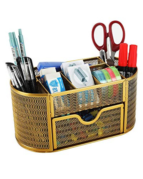 EasyPAG Mesh Desk Organizer 9 Compartment Pencil Holder Accessories Storage with Drawer for Paper and Office Supplies Gold