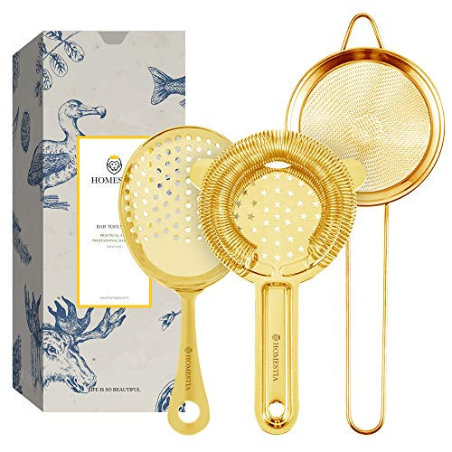 Homestia Cocktail Strainer Set Stainless Steel Bar Tool Bar Accessories for Drinks and Decor includes Hawthorne Strainer Julep Strainer Fine Mesh StrainerGold