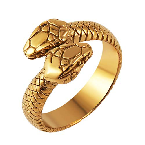 HZMAN Gothic Jewelry Retro Double Snake Head Loop Fashion Animal Personality Stainless Steel Ring Gold 11