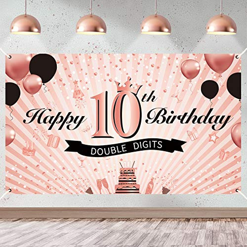 Luxiocio 10th Birthday Banner Decorations for Girls - Happy 10th Birthday Poster Backdrop - Rose Gold Double Digits 10 Birthday Party Supplies Photo Booth Background for Indoor Outdoor6 x 3_6ft