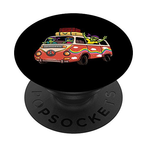 Vintage Hippie Van Flower Bus Aliens Peace Sign PopSockets PopGrip Swappable Grip for Phones  and  Tablets