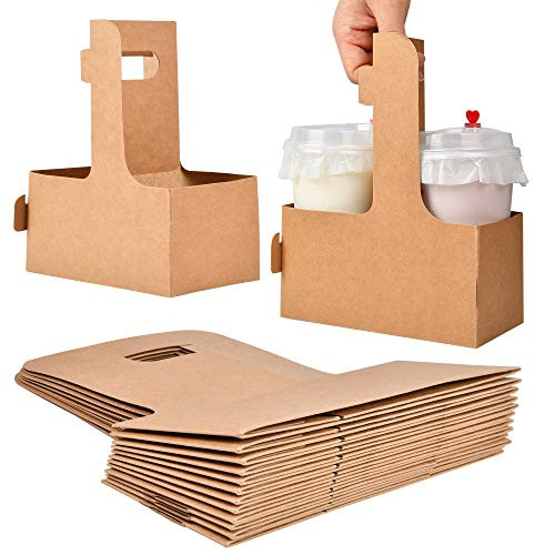 2 Cup Disposable Drink Carrier with Handle Supkiir Kraft Paperboard Cup Holder for Hot or Cold Drinks to Go Coffee Cup Holder for Food Delivery Service 20 Count