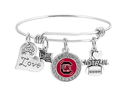 Swamp Fox South Carolina Gamecocks Metal Charm Bracelet Adjustable 7 to 9 with Round Rhinestone Charm