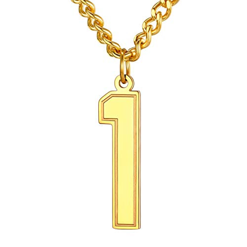 U7 Boys Necklace 18K Gold Plated Stainless Steel Sport Chain Men Pendant Inspirational Baseball Basketball Jersey Number Necklaces Number 1