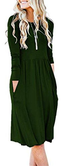 YIKUSO Women Casual Long Sleeve Dresses Empire Waist Loose Dress with Pockets Green