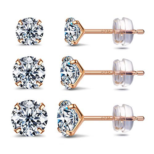 Womens CZ Stud Earrings 18K Gold Plated 925 Sterling Silver 4 Prong Hypoallergenic Round Cubic Zirconia Ear Stud Set?3 Pairs Womens CZ Stud Earrings 18K Gold Plated 925 Sterling Silver 4 Prong Hypoallergenic Round Cubic Zirconia Ear Stud Set?3 Pairs