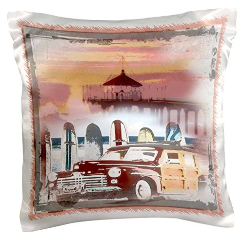 3dRose pc_60101_1 Manhattan Beach California Woody and Surfboard Art - Pillow Case, 16 by 16"