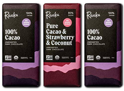 Raaka Chocolate Sugar-Free Pack  Gourmet Bean-to-Bar Dark Chocolate  Organic Kosher Vegan Gluten-Free Paleo Keto Dark Chocolate  Chocolate Lovers Gift  1_8oz Bars 3-Pack