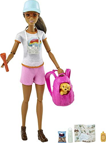 Barbie Hiking Doll Brunette with Puppy  and  9 Accessories Including Backpack Pet Carrier Map Camera  and  More Gift for Kids 3 to 7 Years Old