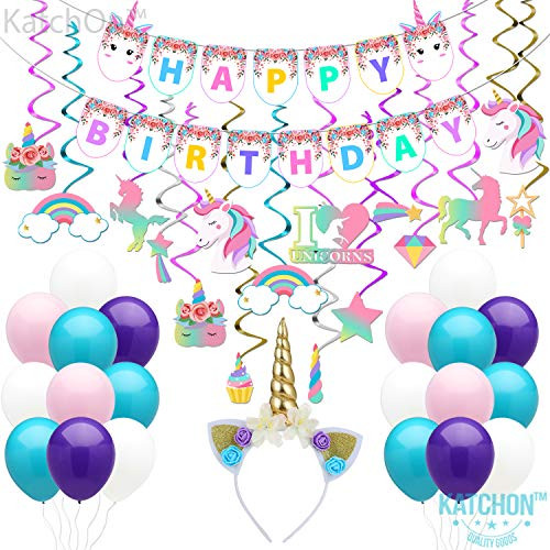 Unicorn Themed Birthday Party Decorations - Unicorn Happy Birthday Banner Unicorn Balloons Unicorn Headband  Unicorn Hanging Swirls Supplies  Unicorn Birthday Decorations for Girls Birthday Party