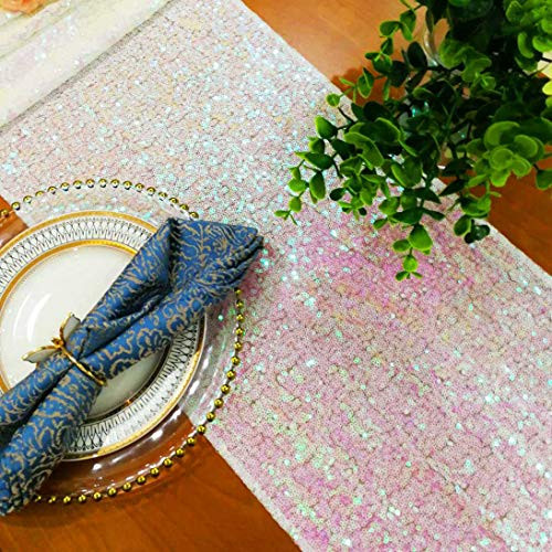 Sequin Table Runners Iridescent White 2Pack 14 x 108 Sequin Table Cloth Runner Sparkle Table Cover Sequin Linens Wedding Table Runner Transparent White Glitter Table Runner for Party