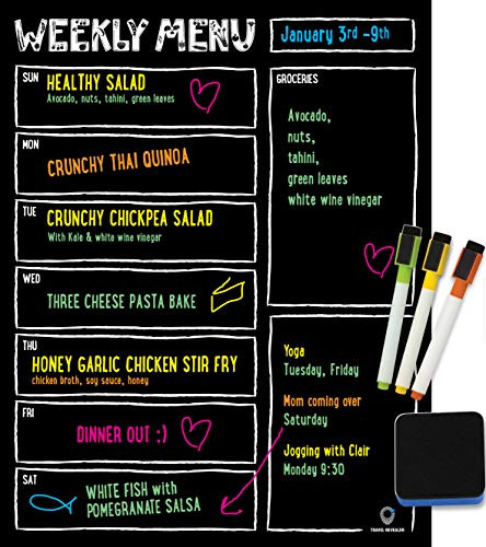Menu Chalkboard Weekly Menu Magnet for Fridge  3 Magnetic Chalkboard Markers_ Menu Planner Magnetic_ Menu Planner Notebook 11x14 Magnetic Menu Board for Kitchen - Dry Erase Menu Magnet for Fridge_