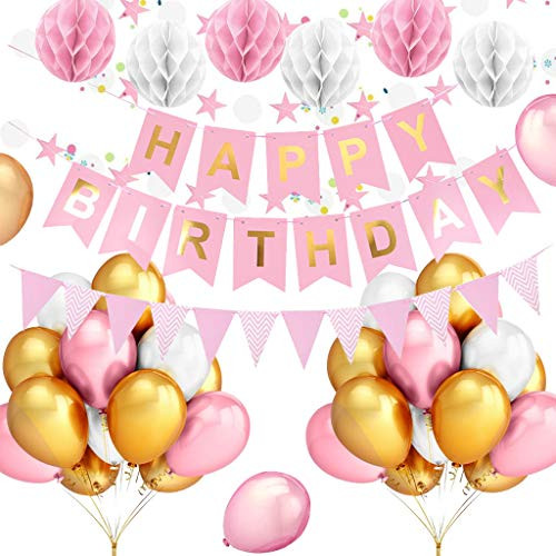 Birthday Party Decorations 39Pcs Pink Birthday Decorations Party Supplies with Happy Birthday Banner Triangle Bunting Flags Pom Poms Flowers Star Banner Gold  and  Pink  and  White Balloons for Kids Girl Birthday Sign Party Decorations