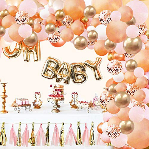 Rose Gold Balloon Garland Arch Kit - 124 PiecesPCS Rose Gold Pink White and Gold Confetti Latex Balloons for Baby Shower Wedding Birthday Graduation Anniversary Party Background Decorations