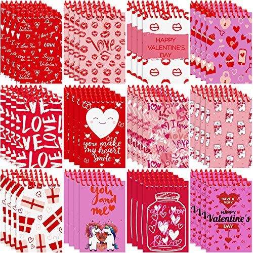 Elcoho 48 Pieces Mini Valentine Day Notepads Spiral Notepads Paper Notepads in 12 Designs for School Valentines Day Party Favors 3_50 x 2_24 Inch